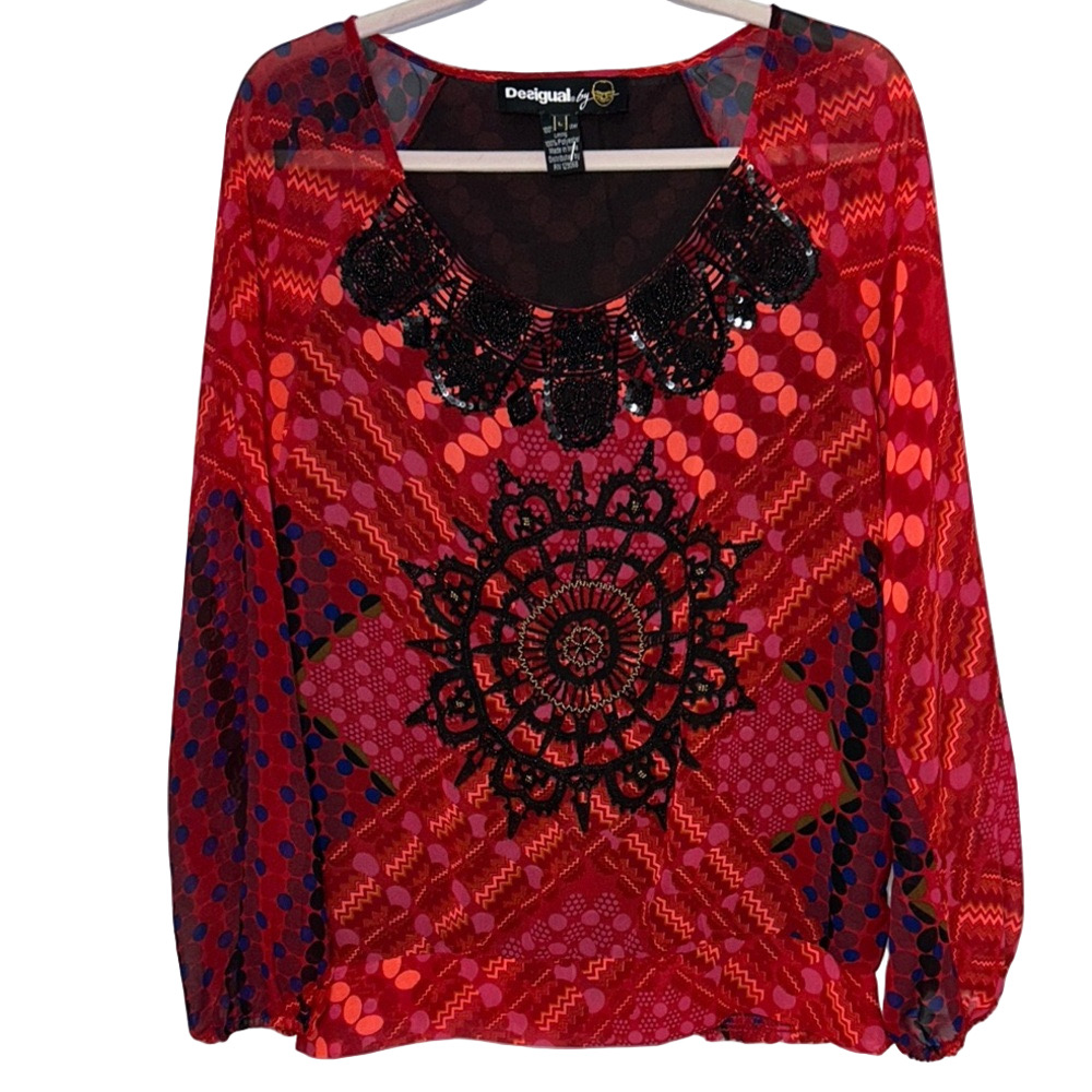 Desigual Red Black Graphic Embellished Blouse
